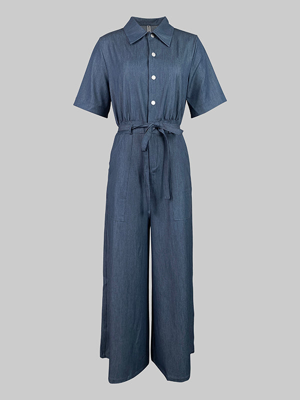 Denim V-Neck Short-Sleeve Jumpsuit