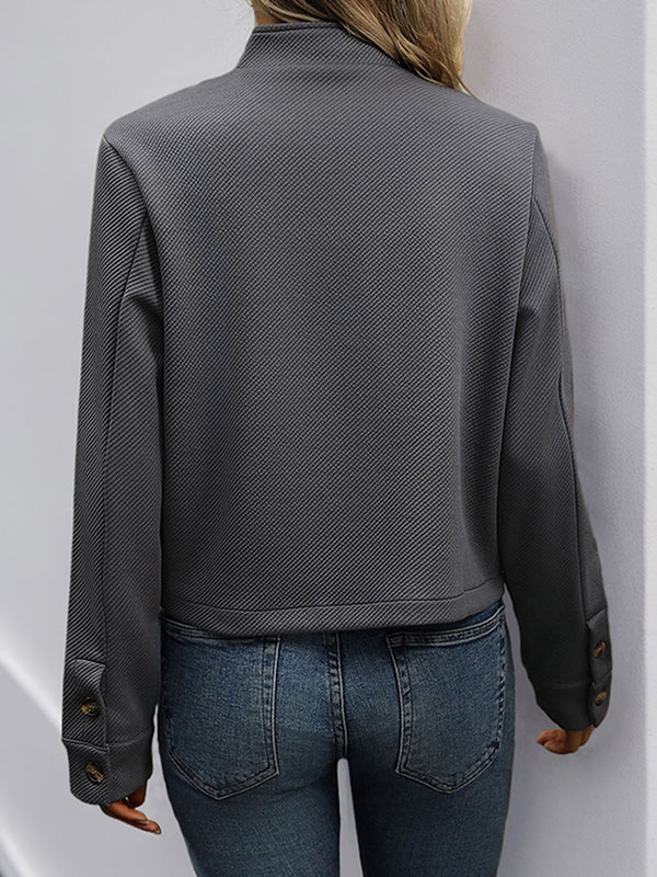 Stand-Collar Button-Detail Long-Sleeve Relaxed Jacket