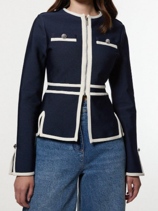 Round-Neck Button-Detail Zip Side-Split Jacket