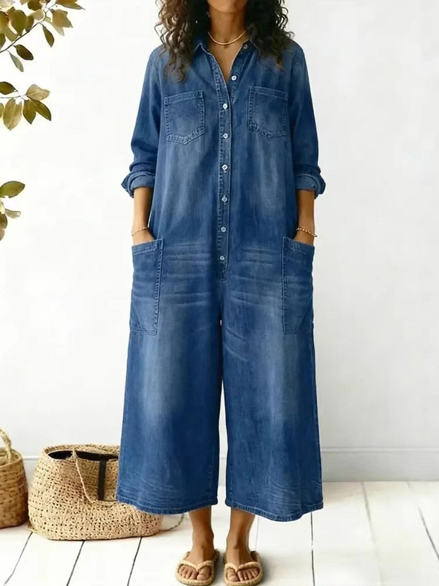 Wide-Leg Plus Size Button-Detail Pocket Jumpsuit
