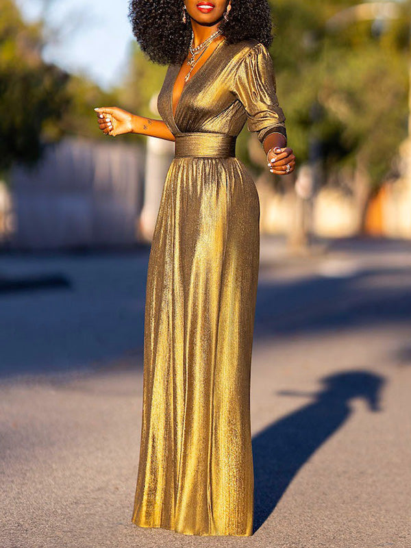 High-Waist V-Neck Three-Quarter Sleeve Jumpsuit
