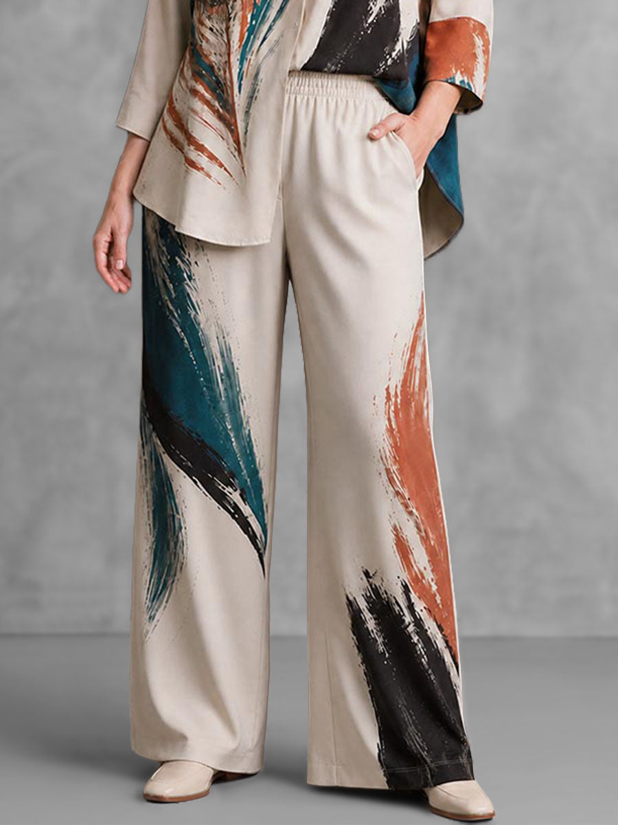 Printed Wide-Leg Pocket Elastic Pants