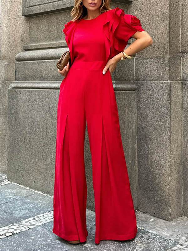 Round-Neck Short-Sleeve Relaxed Jumpsuit