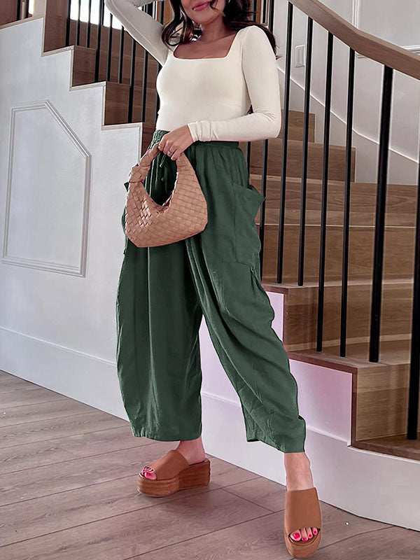 High-Waist Pleated Drawstring Pocket Pants