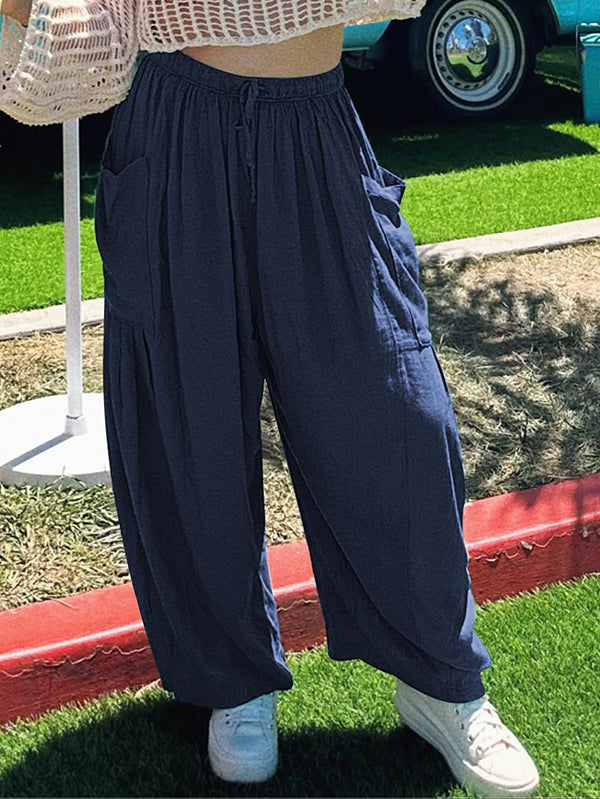 High-Waist Pleated Drawstring Pocket Pants