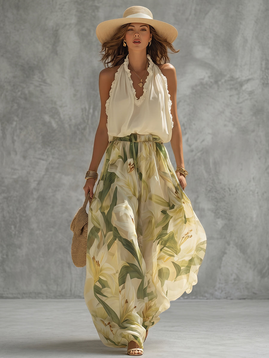 Halter-Neck Ruffle Sleeveless Relaxed Tank Top