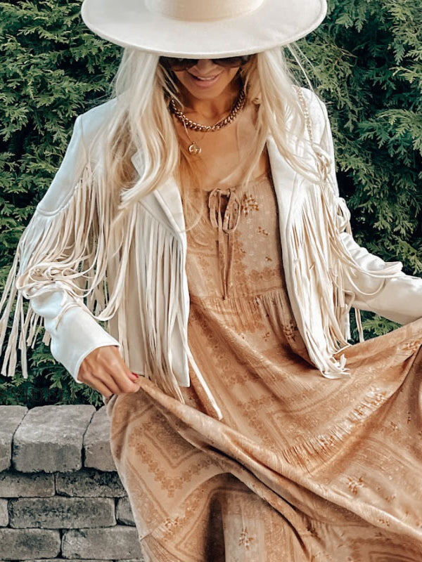 Notch-Collar Fringe Long-Sleeve Jacket