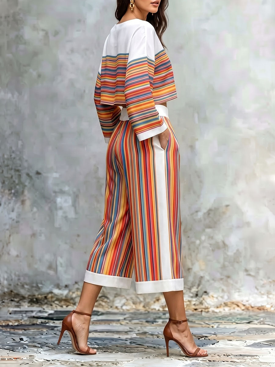 Striped Wide-Leg Cropped Pocket Pants