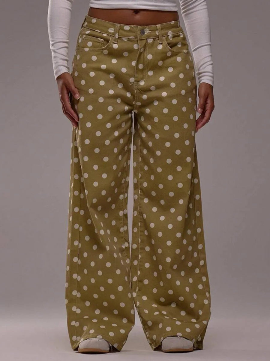Polka Dot Wide-Leg High-Waist Button-Detail Belt