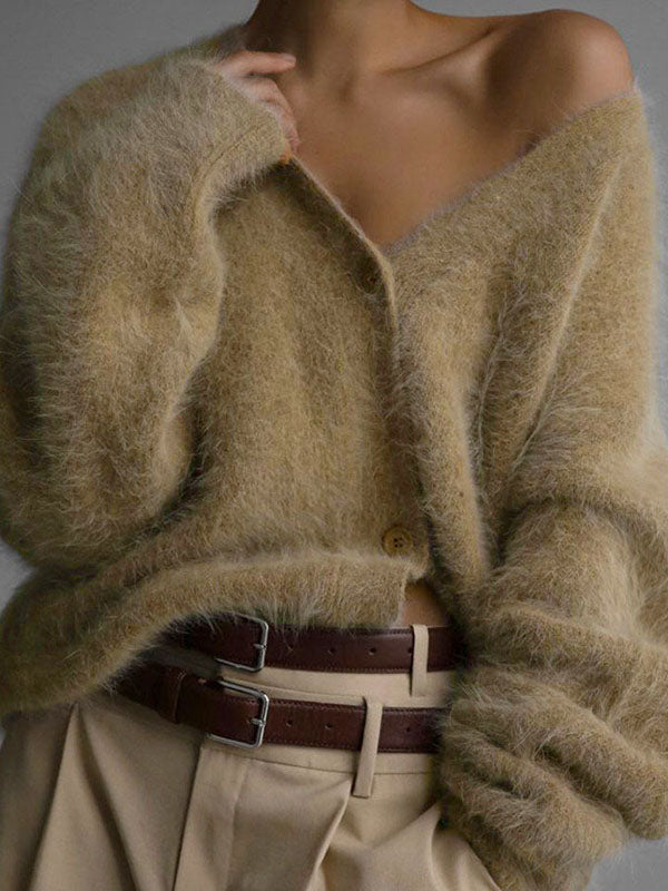 V-Neck Button-Detail Long-Sleeve Relaxed Cardigan