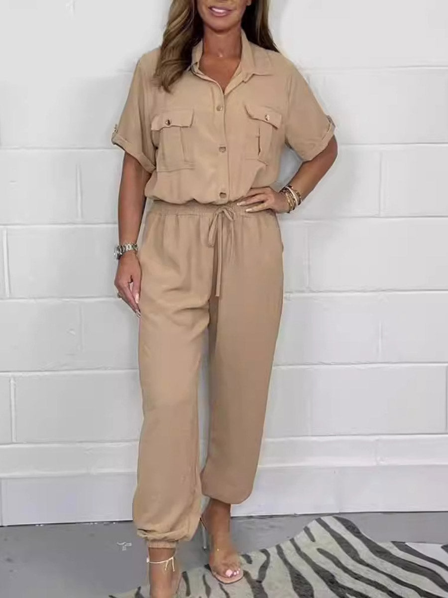 High-Waist Drawstring Button-Detail Pocket Jumpsuit