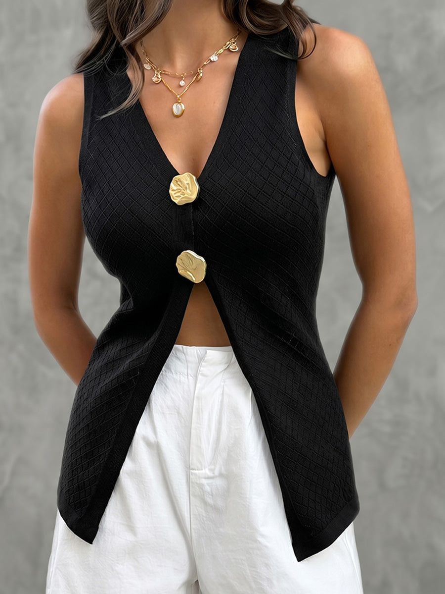V-Neck Button-Detail Sleeveless Vest