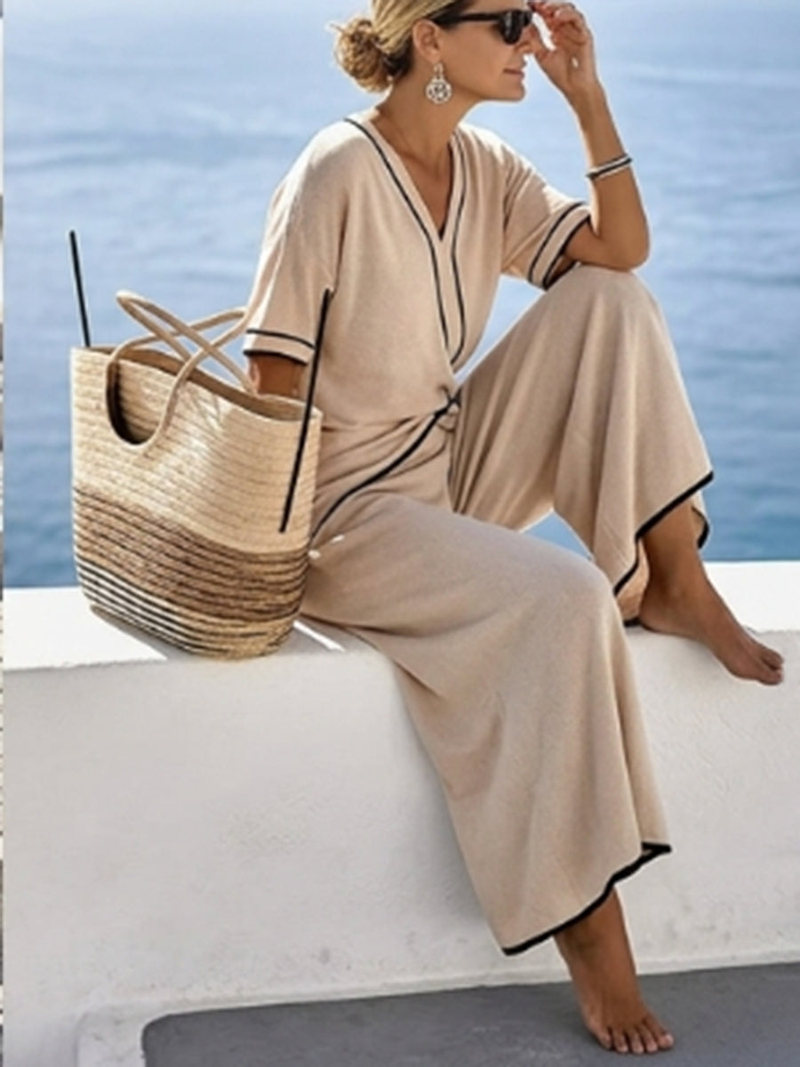 High-Waist V-Neck Pleated A-Line Jumpsuit