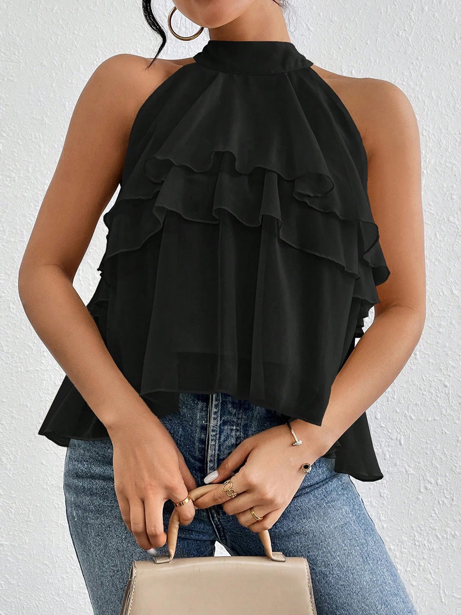 Halter-Neck Ruffle Sleeveless Cut-Out Tank Top