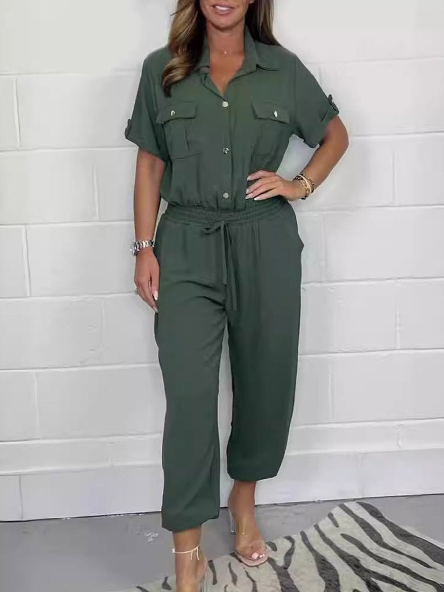 High-Waist Drawstring Button-Detail Pocket Jumpsuit