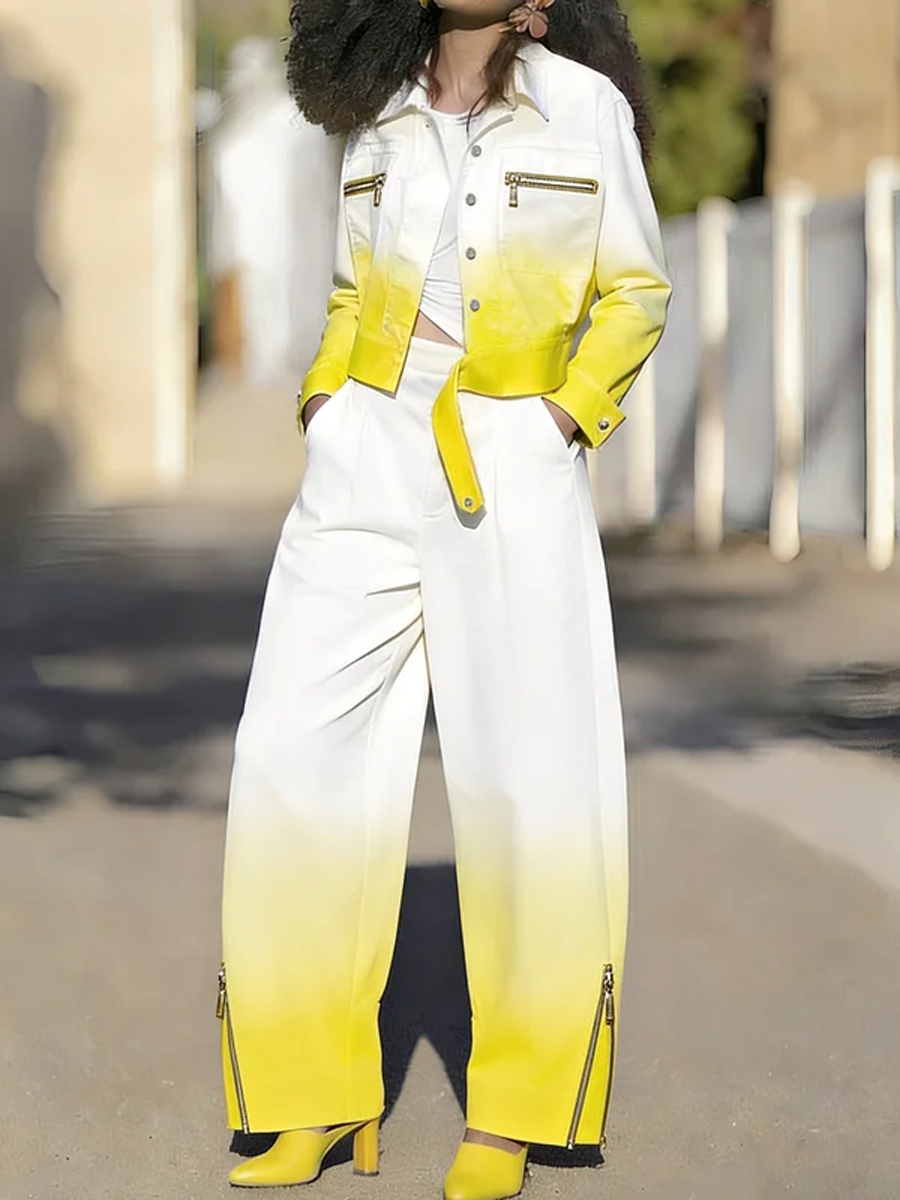 Gradient Button-Detail Zip Long-Sleeve Jacket