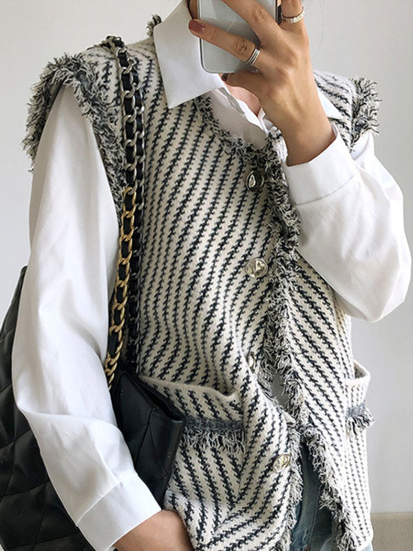 Striped V-Neck Fringe Button-Detail Vest