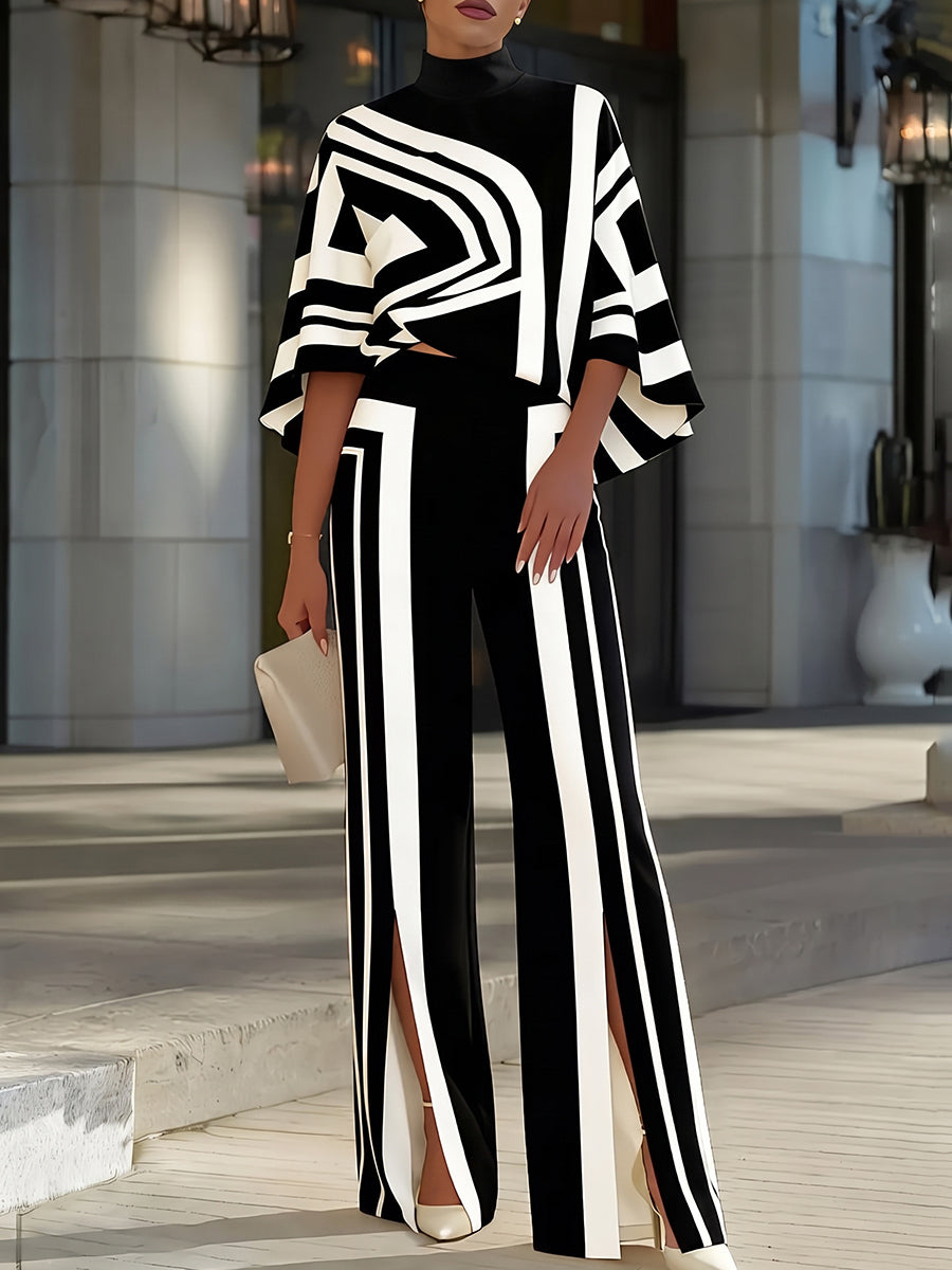 Striped Wide-Leg High-Waist Contrast Pants