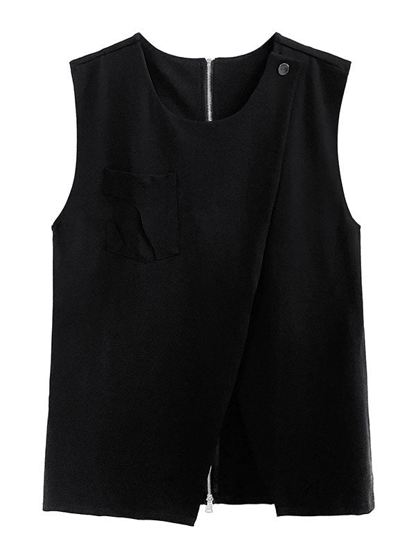 Round-Neck Asymmetric Zip Sleeveless Vest