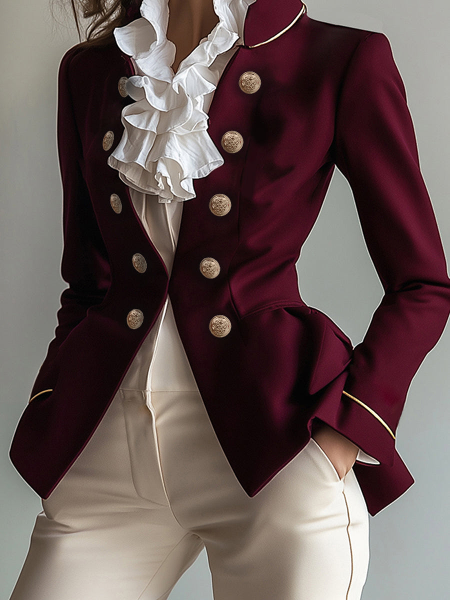 Stand-Collar Button-Detail Long-Sleeve Blazer