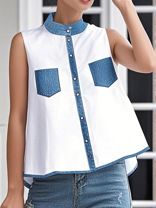 A-Line Button-Detail Pocket Contrast Tank Top