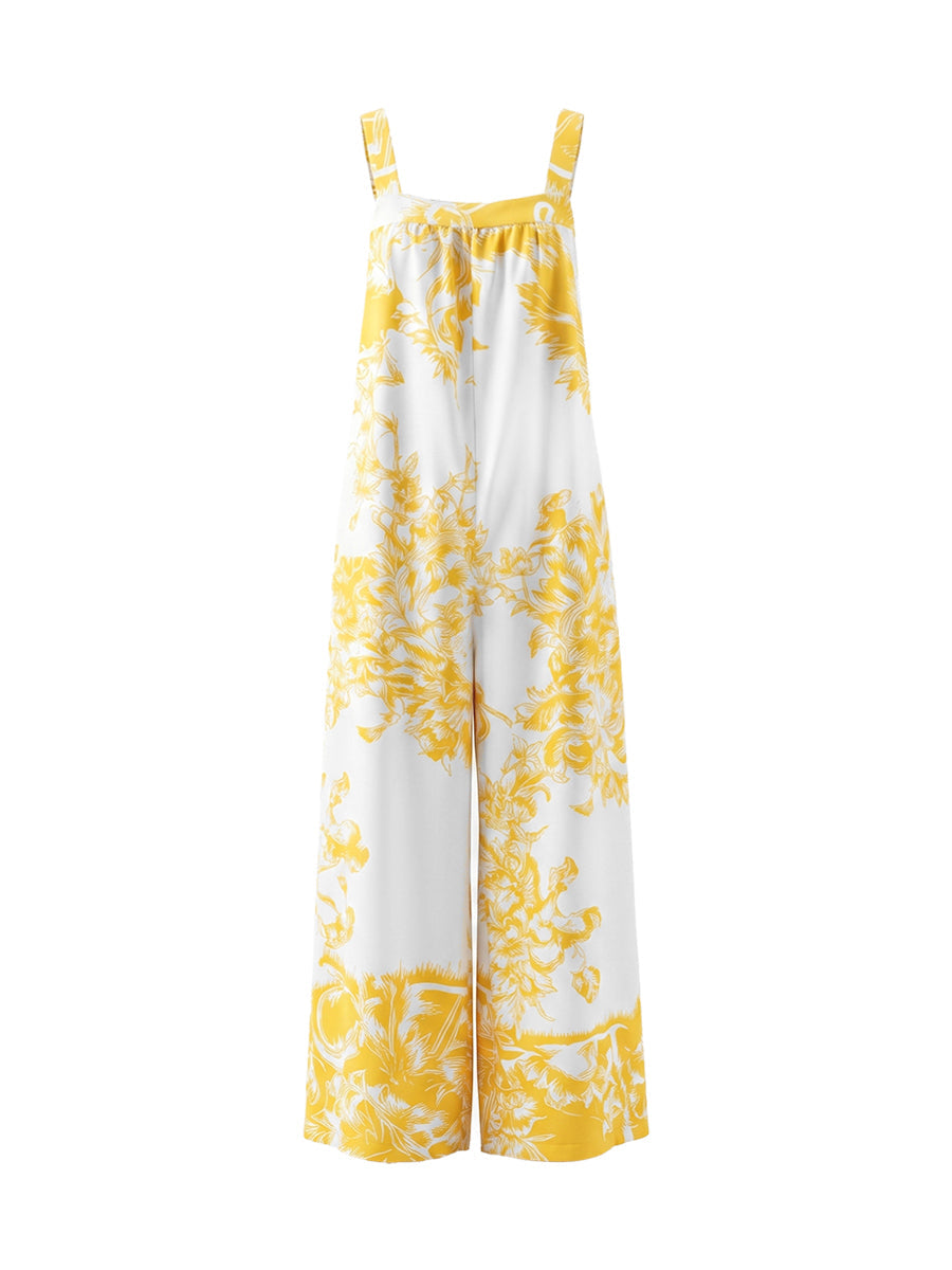 Floral Wide-Leg Pleated Pocket Jumpsuit