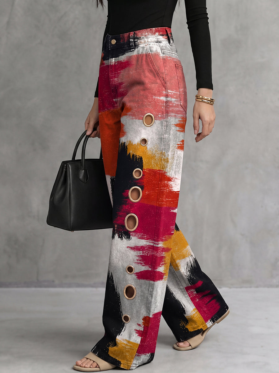 Printed Wide-Leg Button-Detail Cut-Out Pants