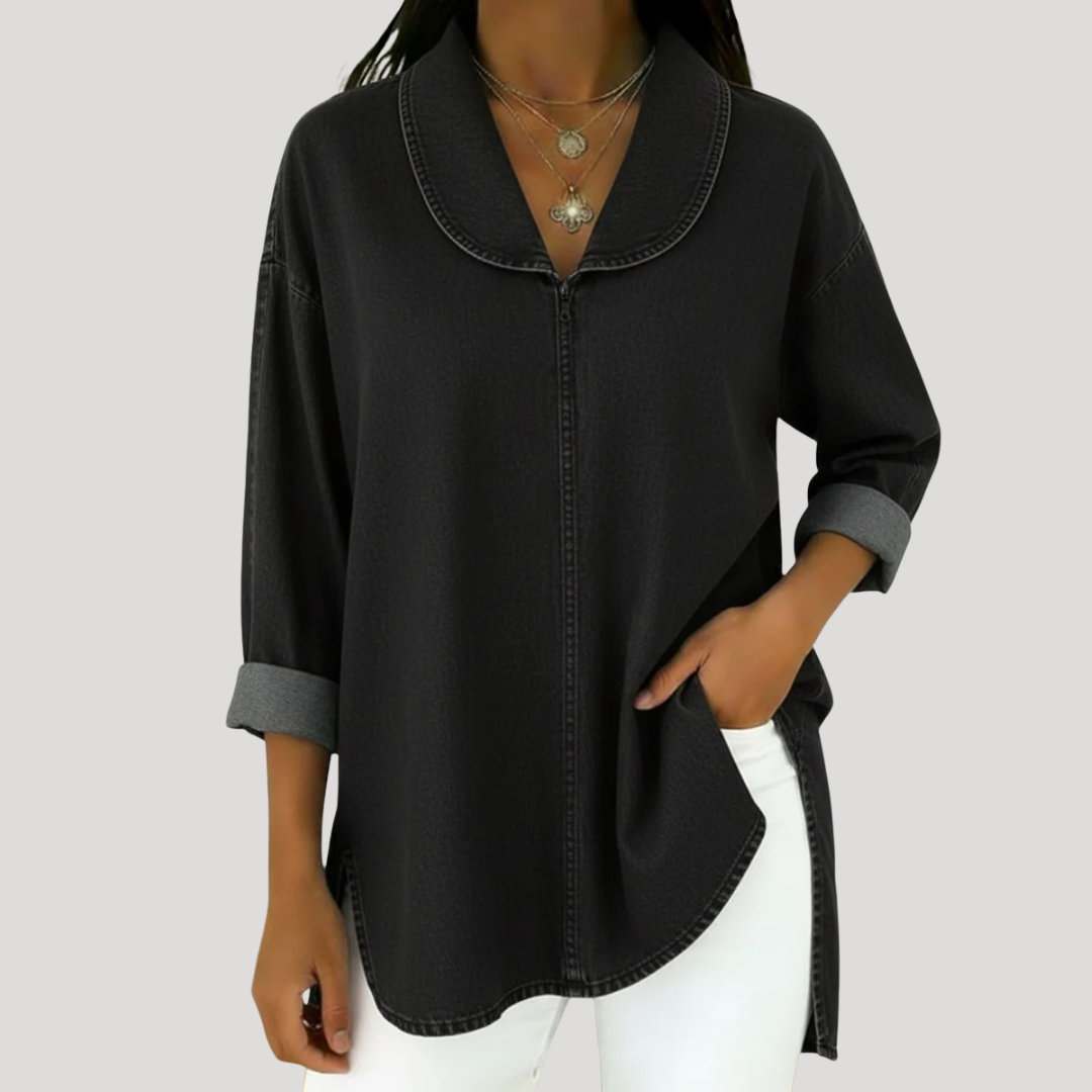 Camille | Faux Denim Shawl Collar Blouse