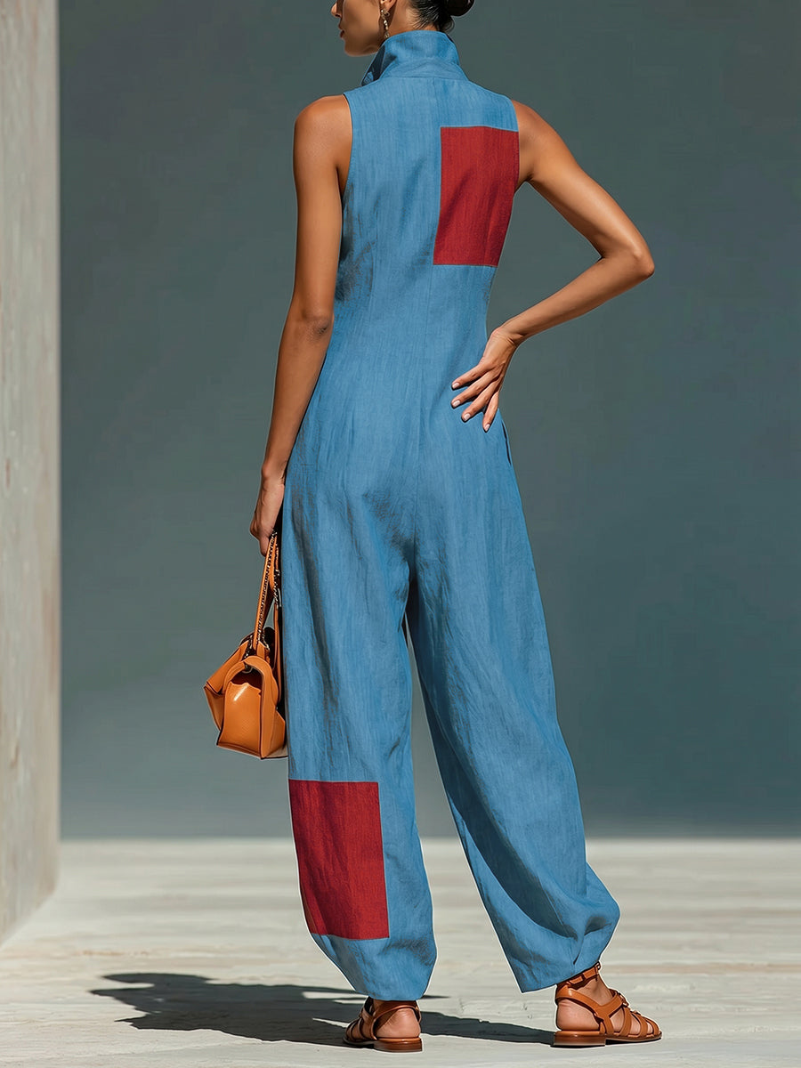 Wide-Leg Pocket Relaxed Contrast Jumpsuit