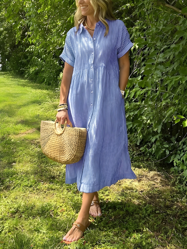 Marina | Striped Maxi Shirt Dress with Pockets
