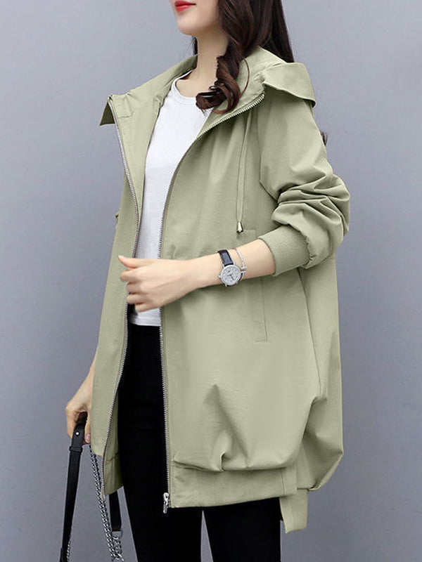 Hooded Pleated Zip Long-Sleeve Jacket