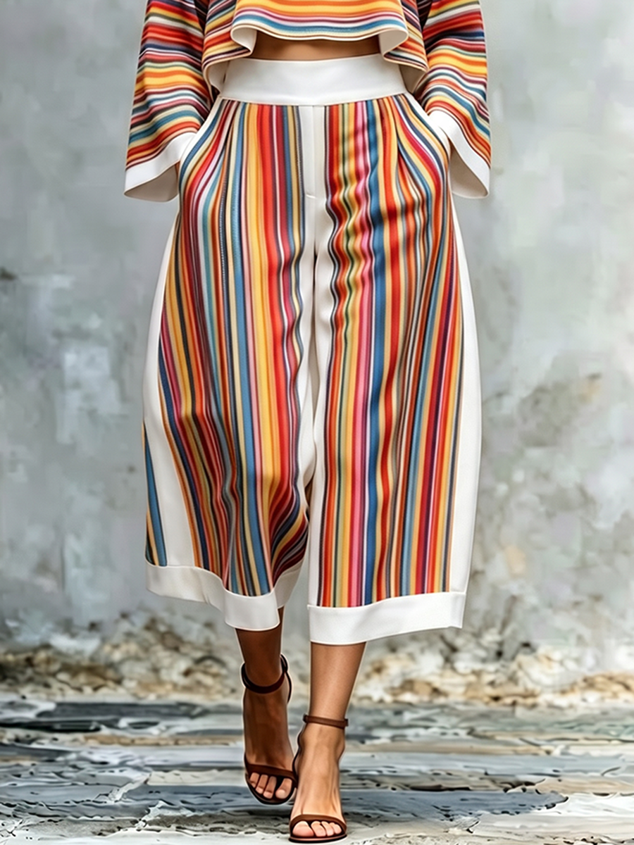 Striped Wide-Leg Cropped Pocket Pants