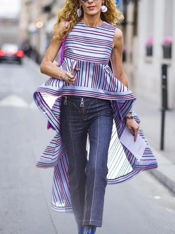 Striped Round-Neck Relaxed Contrast Vest