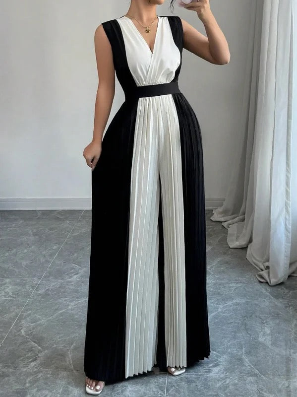 High-Waist V-Neck Pleated Relaxed Jumpsuit