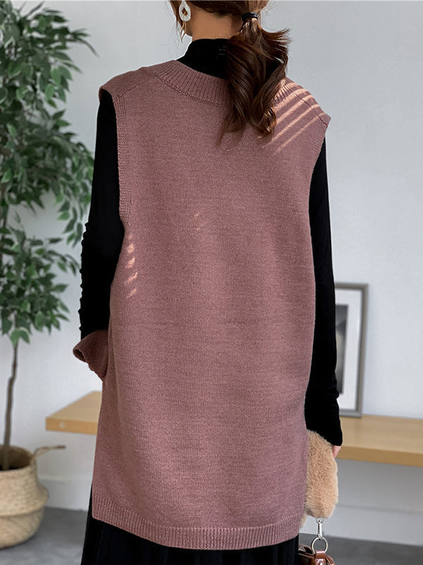Knit V-Neck Side-Split Sleeveless Vest