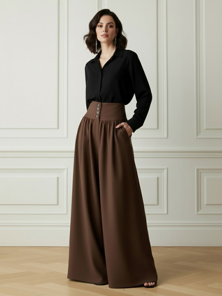 High-Waist Pleated Button-Detail Pocket Pants