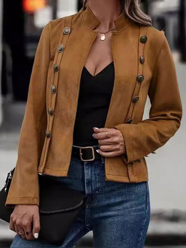 Stand-Collar Button-Detail Long-Sleeve Relaxed Jacket