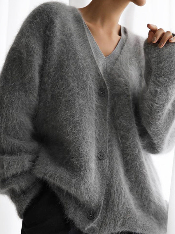 V-Neck Button-Detail Long-Sleeve Relaxed Cardigan
