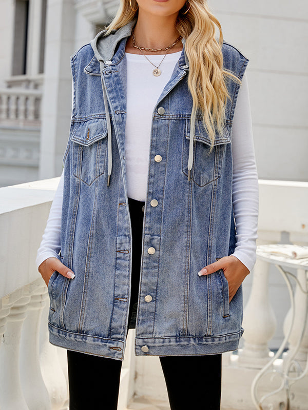 Hooded Drawstring Button-Detail Pocket Vest