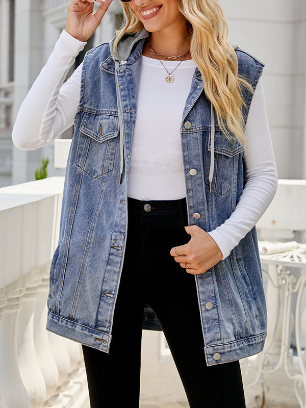 Hooded Drawstring Button-Detail Pocket Vest