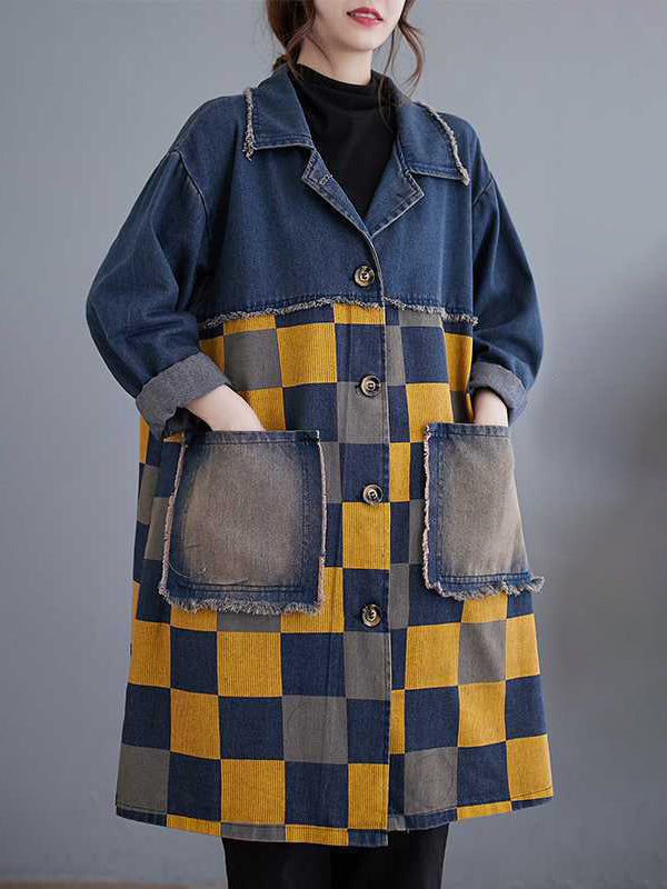 Checked Denim Notch-Collar Fringe Jacket