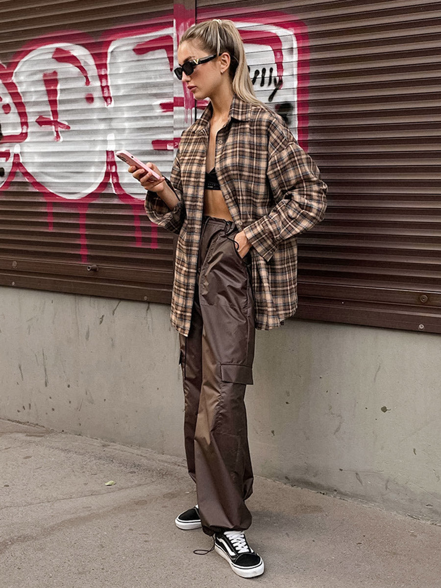Checked Button-Detail Long-Sleeve Relaxed Jacket