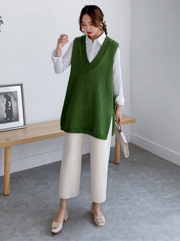 Knit V-Neck Side-Split Sleeveless Vest