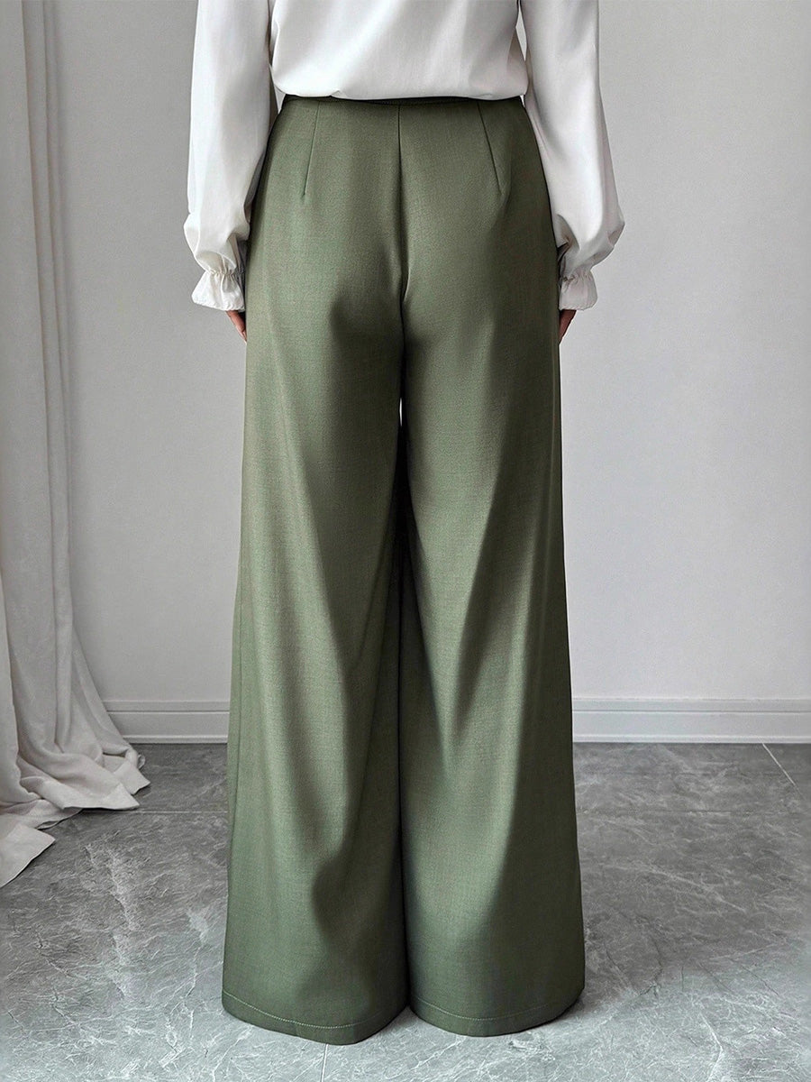 Wide-Leg High-Waist Button-Detail Pants