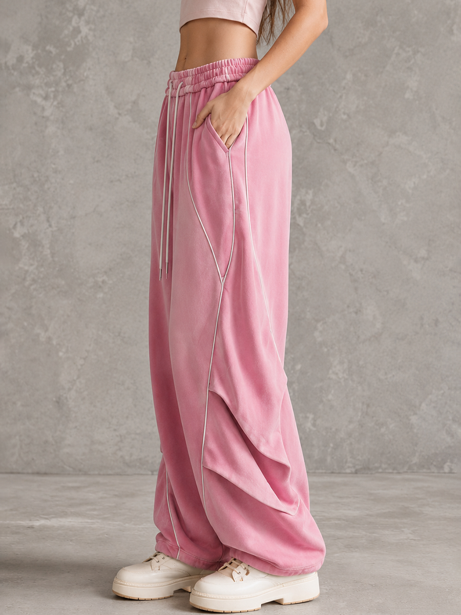 Wide-Leg High-Waist Drawstring Pocket Pants