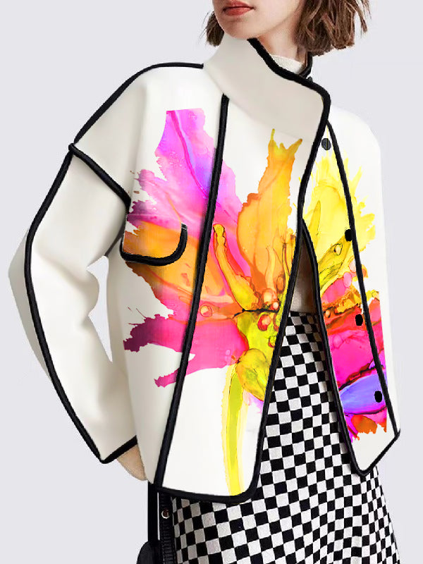 Floral Stand-Collar Button-Detail Pocket Jacket