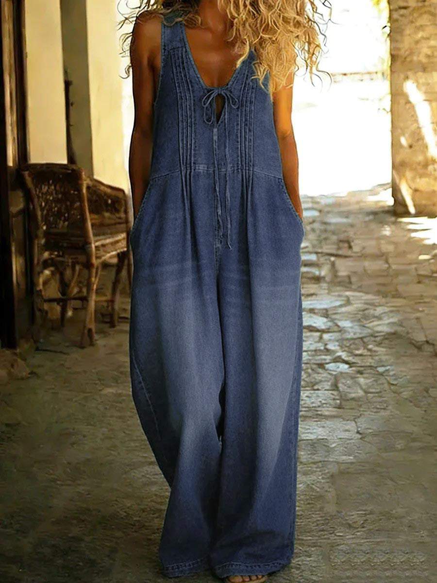 V-Neck Pleated Pocket Sleeveless Jumpsuit