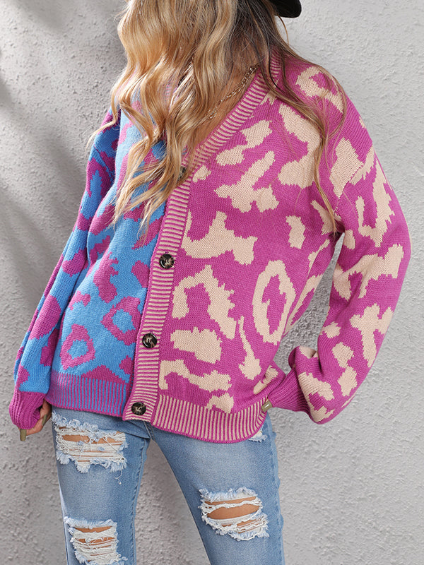 Leopard Print V-Neck Button-Detail Long-Sleeve Cardigan