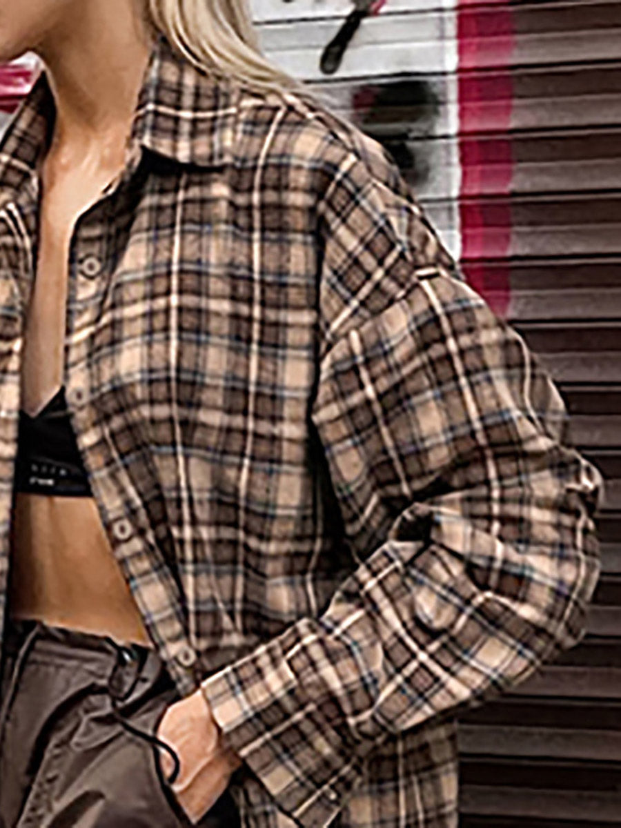 Checked Button-Detail Long-Sleeve Relaxed Jacket
