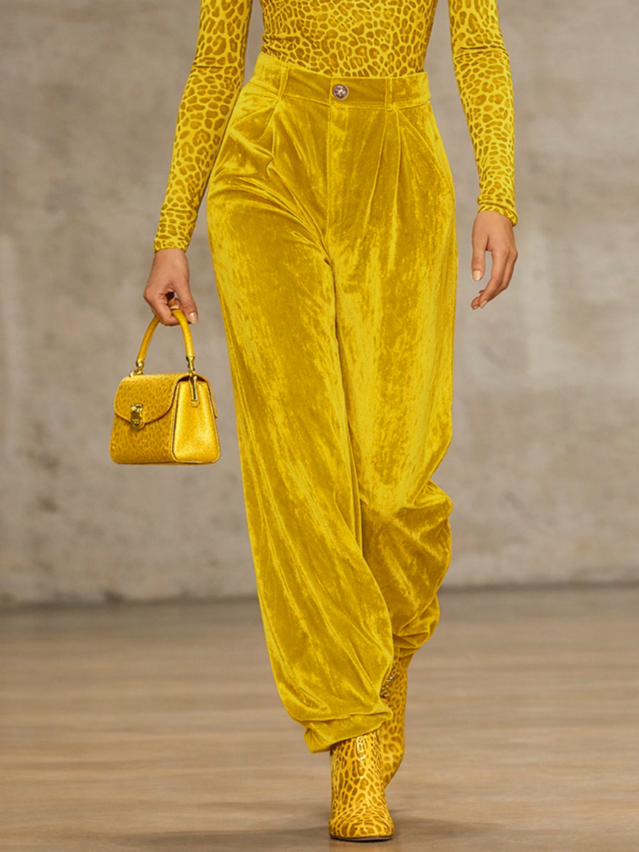 Velvet High-Waist Pleated Pocket Pants